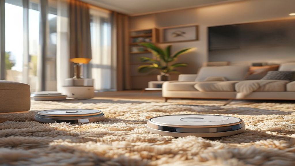 Robot vacuum cleaning plush carpet in a bright modern living room