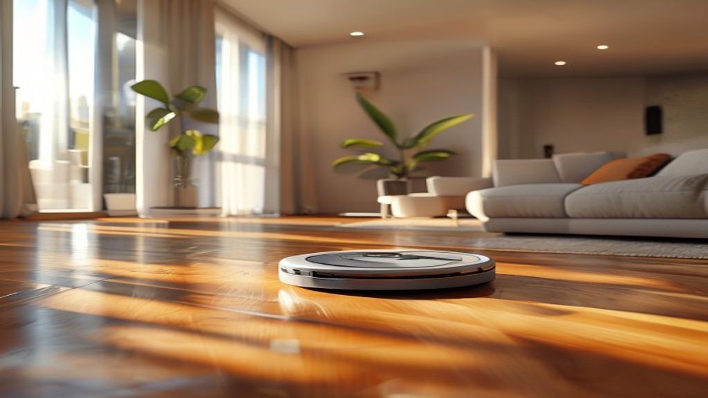 Robot vacuum cleaning shiny hardwood floors in a modern living room