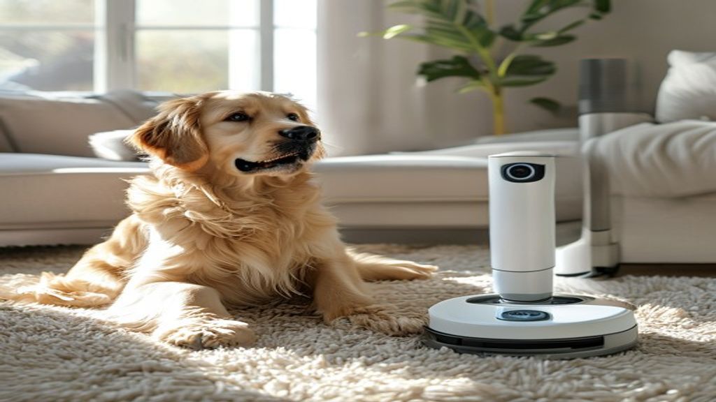 Golden retriever dog next to robot vacuum cleaning carpet - best robot vacuum for pet hair 2026