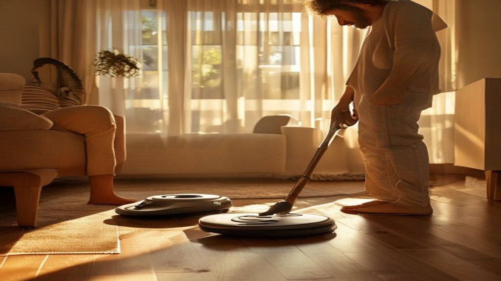 Person using an upright vacuum next to a robot vacuum on hardwood floor in a modern home