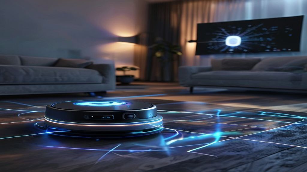 Robot vacuum with LiDAR dome scanning a modern living room with laser beams and digital floor map visible