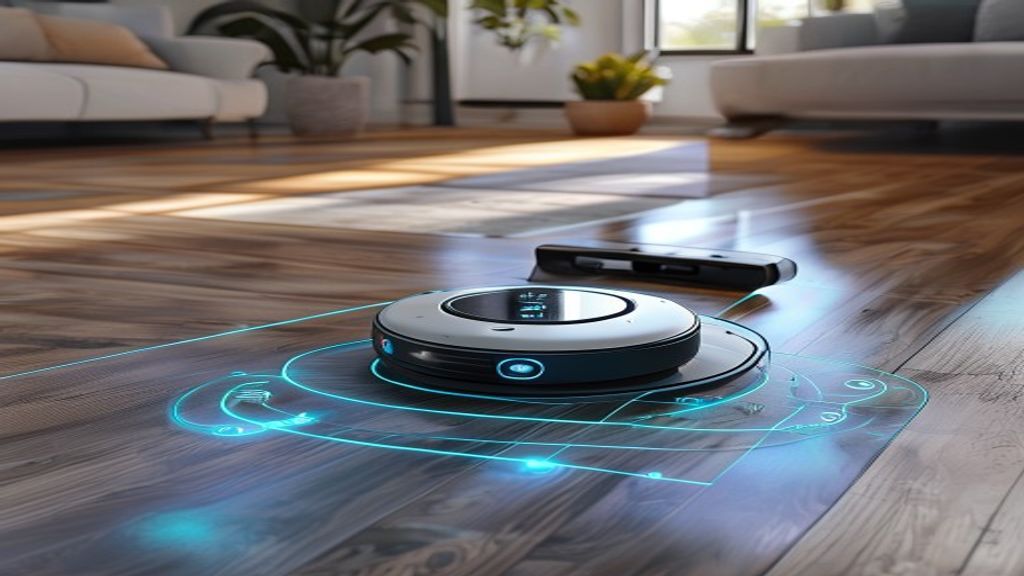 Robot vacuum navigating around a pet water bowl on hardwood floor with virtual boundary zones visible in app