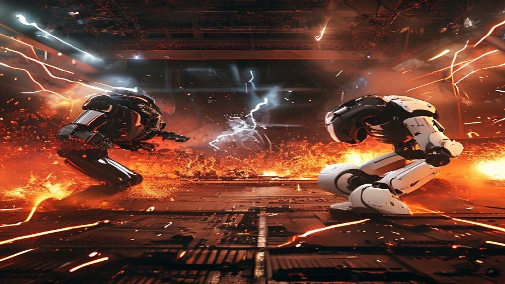 Roborock S8 vs iRobot Roomba j9+ facing off in a Robot Wars style combat arena with fire and sparks