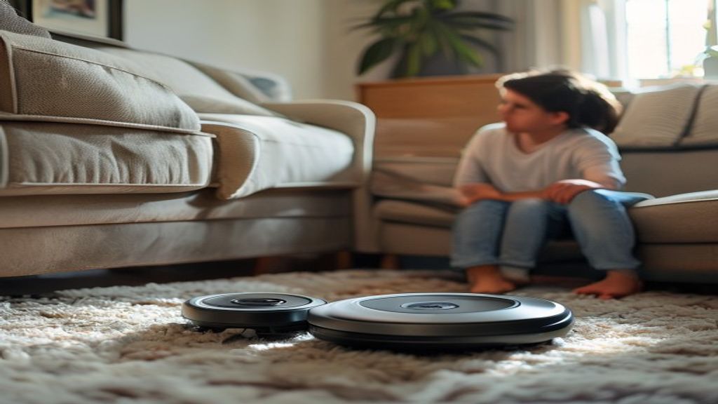 Robot vacuum stuck against sofa leg on carpet, homeowner troubleshooting